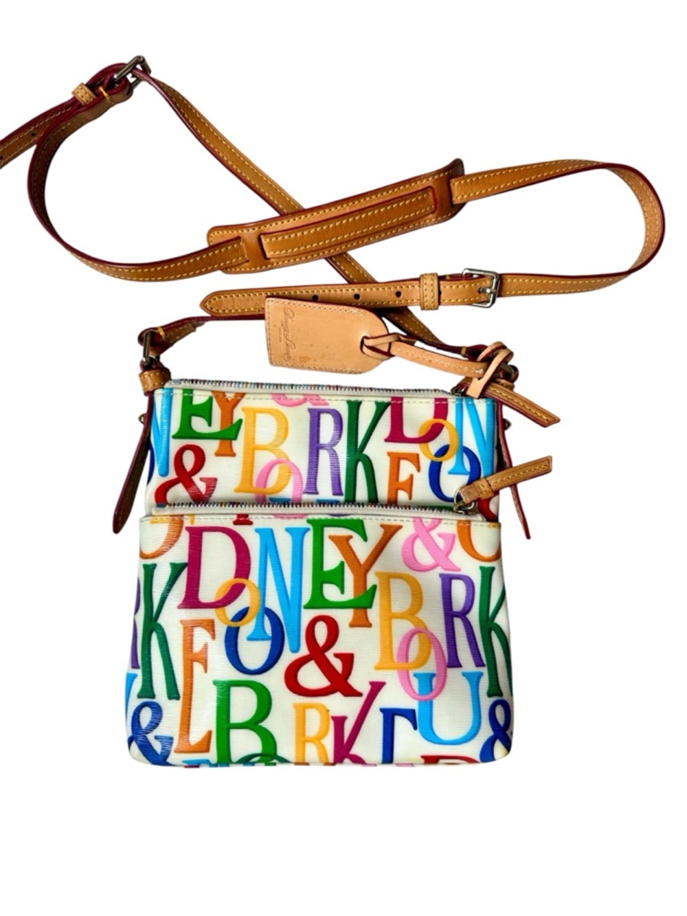 Dooney & Bourke Grafica letter carrier Crossbody bag, colorful vibrant graffiti
